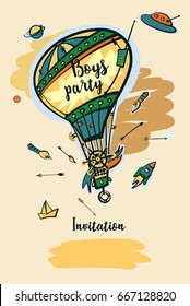 Freehand drawn illustration for kid event. Vector image of color balloon with text  Boys party. Happy birthday invitation.