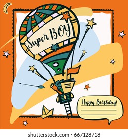 Freehand drawn illustration for kid party. Vector image of color balloon with text Super boy. Happy birthday invitation.