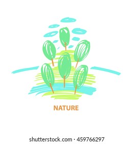 Freehand drawn illustration for logotype natural farm products. Color silhouette on a white background. Logo for the packaging, label of organic goods.