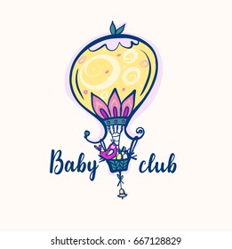 Freehand drawn illustration with vector balloon and bird on basket. Concept image for design invitation to kid land, baby club, kindergarten. 