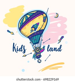 Freehand drawn illustration with vector balloon, starship rocket, arrow and moon. Concept image for design invitation to kid land, baby club, kindergarten. 