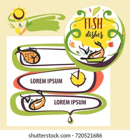 Freehand drawn image fish dish cuisine recipe. Sketch vector illustration for restaurant, cafe, bistro menu with fried fish and vegetable. 