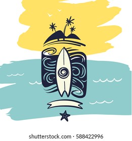 Freehand drawn image with island, palm and surfboard. Concept design  illustration for print on t-shirt. Hello summer logo.