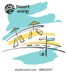 Freehand drawn image with umbrella and road. Concept design  illustration for print on t-shirt. Summer holiday logo.