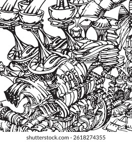 Freehand drawn imaginary machine details