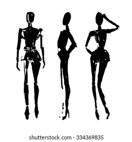 Freehand drawn ink female human bodies. Vector illustration. Isolated.