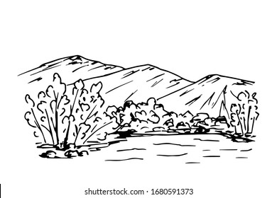 Dibujo vectorial de tinta dibujado a mano libre en contorno negro sobre fondo blanco. Vida silvestre, montañas en el horizonte, árboles deciduos, arbustos, río tranquilo, orilla del lago. Paisaje, naturaleza, ecología, viajes.