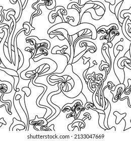 Freehand drawn line magic mushrooms seamless pattern. Vector illustration doodle style.