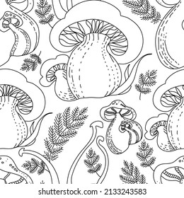 Freehand drawn line magic mushrooms seamless pattern. Vector illustration doodle style.