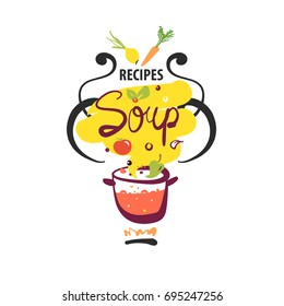 Freehand drawn logo isolated on white background for recipe of vegan soup with vegetable. Sketch vector illustration for blog with home recipe soup.