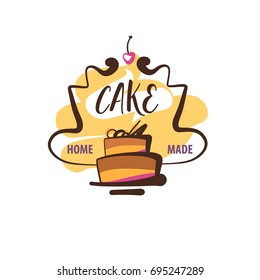 Freehand drawn logo isolated on white background for home made cake. Sketch vector illustration for blog with home recipe sweet cake.