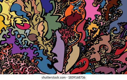 Freehand drawn ornate abstract pattern random filled with lively, bright colors