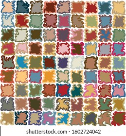 Freehand drawn, ornate, rectangular 2D objects in loose grid structure
