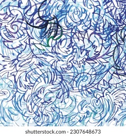 Freehand drawn overlapping marker lines creating modern, random distributed, blue toned abstract texture