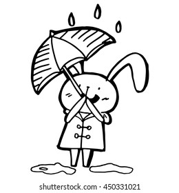 freehand drawn Rabbit rain wear holding an umbrella in the rainy season.