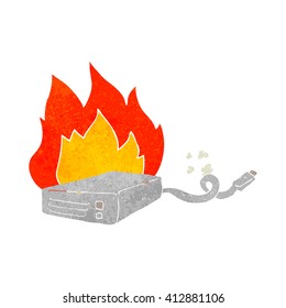 freehand drawn retro cartoon computer hard drive burning
