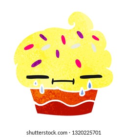 freehand drawn retro cartoon of a crying cupcake