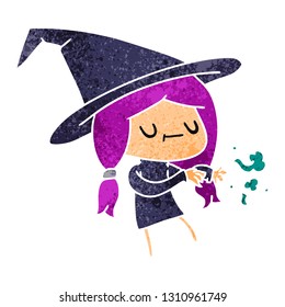 freehand drawn retro cartoon of cute kawaii witch