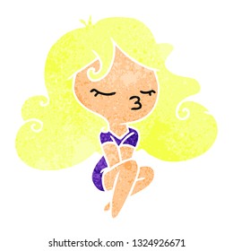 freehand drawn retro cartoon of cute kawaii girl