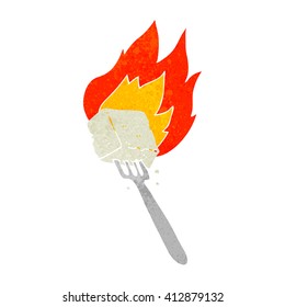 freehand drawn retro cartoon flaming tofu on fork