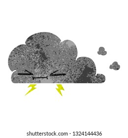 freehand drawn retro cartoon of a grumpy lightening cloud
