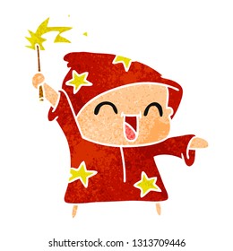 freehand drawn retro cartoon of a happy little wizard
