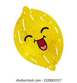 freehand drawn retro cartoon of a happy lemon