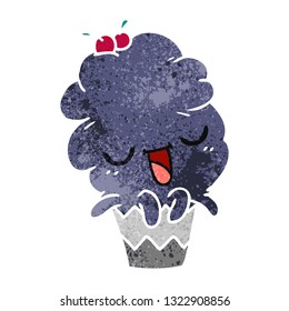 freehand drawn retro cartoon of kawaii octopus cupcake