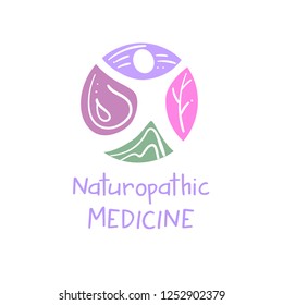 Freehand drawn silhouette abstract man. Naturopathic medicine. Concept logo, badge, insignia for naturopathy, phytotherapy, holistic, alternative medicine and pharmacy. 