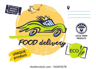 Freehand drawn silhouette of fast vehicle with wheel on background. Vintage style badge for food delivery service. Local unique natural farm product.  Open space for text. 