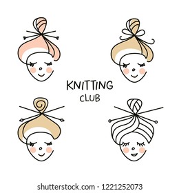 Freehand drawn silhouette girl for concept logo, badge, label knitting club, workshop, master class. Handmade knit and crochet. Vector illustration for women hobby and family business.  