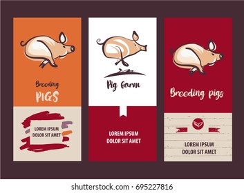  Freehand drawn silhouette pig for concept template banner, poster logo of shop, market with organic farm product. Text Breeding pig.