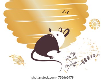 Freehand drawn silhouette small mouse.Lunar horoscope sign.Concept image of symbol chinese happy new year 2020 on gold color background.Wild rat.Vector sketch illustration.
