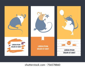 Freehand drawn silhouette small mouse.Wild rat.Concept image of symbol chinese happy new year 2020 on color background.Lunar horoscope sign.Vector sketch illustration. Three vertical banner.
