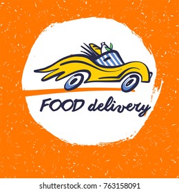 Freehand drawn silhouette of  vehicle with wheel on background. Vintage style badge for food delivery service. Concept image template logo design for fast transportation. Sketch vector illustration