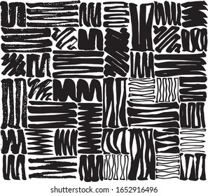 Freehand drawn simplistic marker lines based, monochrome patchwork pattern
