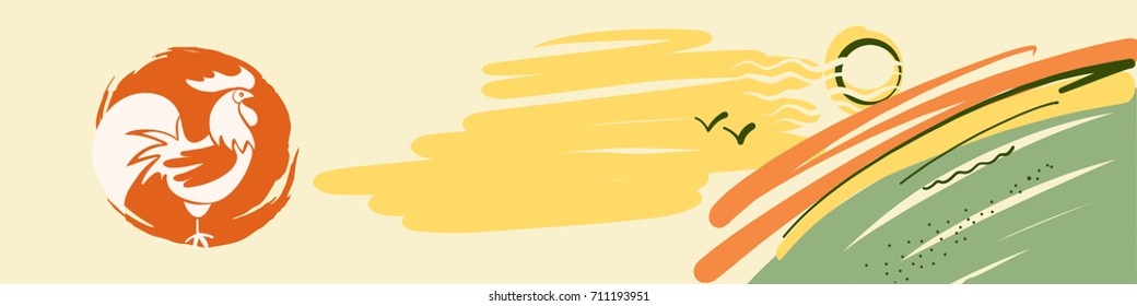 Freehand drawn sketch vector illustration. Silhouette white rooster on red background. Template logo, horizontal banner with chicken, sun and bird.