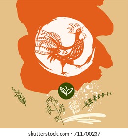 Freehand drawn sketch vector illustration. Silhouette red rooster on white background. Template logo, image with chicken, flower.