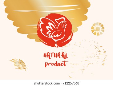 Freehand drawn sketch vector illustration. Silhouette rooster on color background. Template logo with chicken. Horizontal banner for natural product, food.