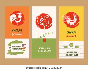 Freehand drawn sketch vector illustration. Silhouette rooster on color background. Template logo with chicken. Three vertical banner for natural product, food.