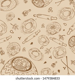 Freehand drawn sketches of tandoor bakery products and tools for their preparation with background/ Vector
