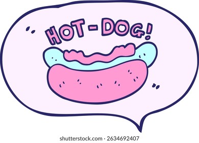 freehand drawn speech bubble cartoon hotdog in bright neon colors
