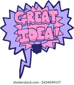 dibujado a mano alzada de dibujos animados de la burbuja del discurso GRAN IDEA! símbolo en colores brillantes de neón
