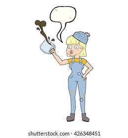 dibujo a mano libre de la burbuja del habla de la trabajadora femenina con taza de café