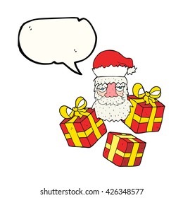 freehand drawn speech bubble cartoon tired santa claus face with presents