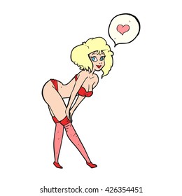 freehand drawn speech bubble cartoon pin up girl putting on stockings