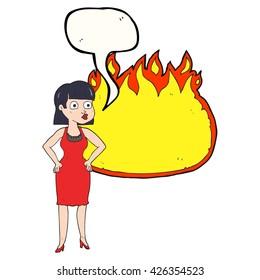 freehand drawn speech bubble cartoon woman in dress with hands on hips and flame banner