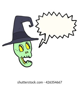 freehand drawn speech bubble cartoon skull wearing witch hat
