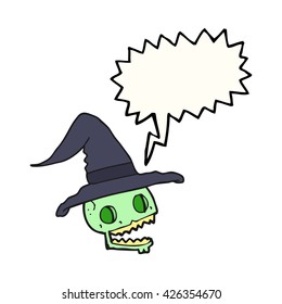 freehand drawn speech bubble cartoon skulll wearing witch hat