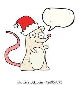 freehand drawn speech bubble cartoon mouse wearing christmas hat